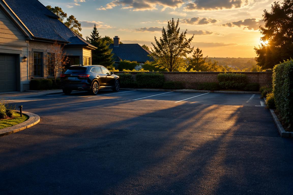 A mostly empty private parking lot beside a home
