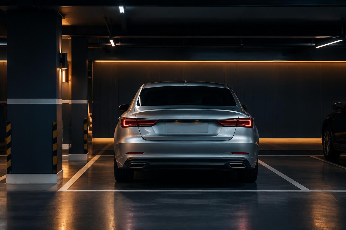 A car parked in a well-lit garage spot